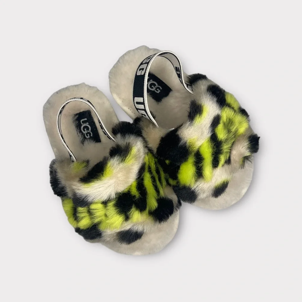 Ugg Fluff Yeah Faux Fur Green Black Cream Slides